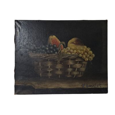 an oil painting of a basket of fruit on a table