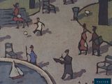 a painting of a group of people walking in a park