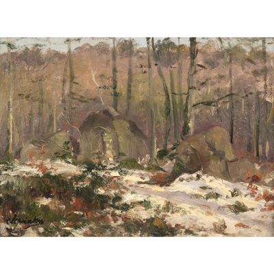 une image représentant un tableau représentant un paysage enneigé avec une grange en arrière-plan