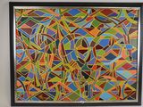 painting of a colorful abstract painting hanging on a wall in a room