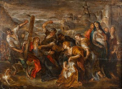 an image of a painting of a group of people with a dog
