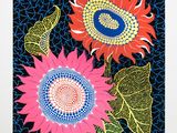 a painting of two sunflowers with leaves on a blue background