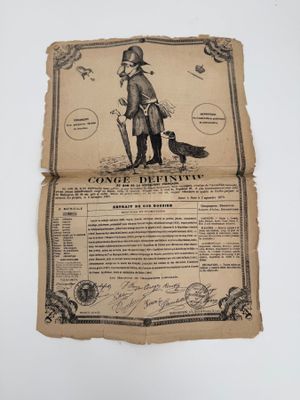 un vieux document sur lequel figure le dessin d'un homme tenant un chien