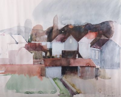 a watercolor painting of a small town with a bird flying over it
