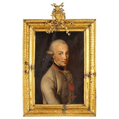 un vieux tableau représentant un homme en uniforme militaire, dans un cadre doré