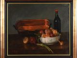 painting of a bowl of onions and a bottle of wine on a table