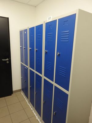 Plusieurs casiers bleus sont alignés dans un couloir, à côté d'une porte noire.