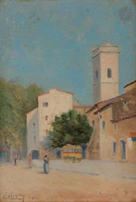 painting of a street scene with a horse drawn carriage and a church in the background