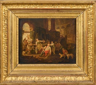 painting of a group of people in a living room with a dog