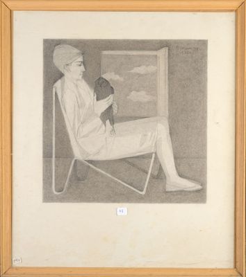 drawing of a woman sitting in a chair holding a dog