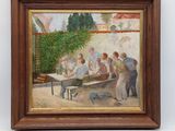 an oil painting of a group of people sitting around a table