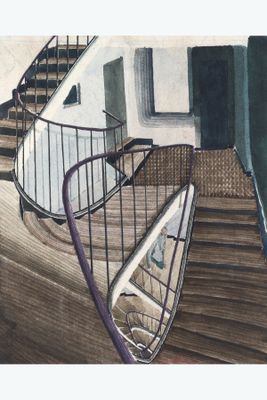 a painting of a spiral staircase with a bike on it
