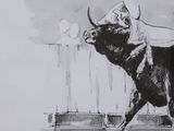 a drawing of a bull that is running in the street