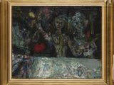 une peinture représentant un groupe de personnes assises à une table