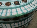 un vase vert et blanc qui comporte de nombreux trous