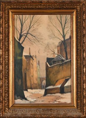 an image of a painting of a street scene in winter