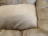 a cat that is laying on a couch with a pillow