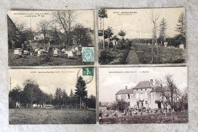 quatre photos en noir et blanc d'un cimetière avec des tombes et des arbres