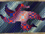 abstract painting of a man laying on a blue and green checkered surface