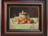 une peinture à l'huile représentant des oignons et une casserole posés sur une nappe