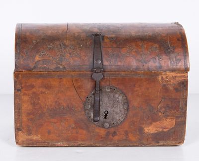 an old wooden chest with a lock on the front