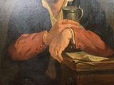 painting of a man sitting at a table reading a book and drinking a cup of coffee