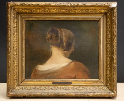portrait of a woman in a red dress by a gold frame