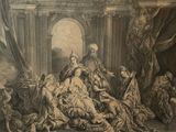 painting of a group of people in a room with a statue in the background