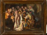 an image of a painting of a woman standing in front of a group of people