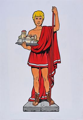 a picture of a statue of a man holding a tray of food