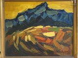 an oil painting of a mountain with a yellow sky in the background