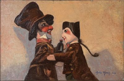 painting of two clowns in top hats and tails are facing each other