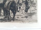 a picture of a drawing of a horse being led by a man