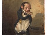 an image of a painting of a man in an apron leaning on a table