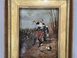 une peinture à l'huile représentant un homme avec un chien dans un champ
