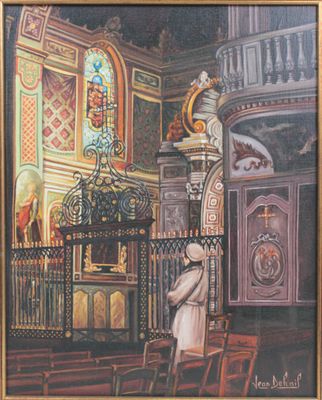 an oil painting of a priest in a church with a stained glass window
