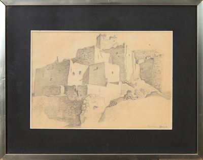 dessin d'un château dans un cadre noir sur fond blanc
