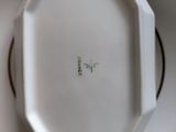 a close up of a white plate with a green design on it