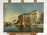 peinture représentant un tableau représentant une scène de canal avec des bâtiments et un bateau