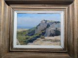 une peinture à l'huile représentant une falaise rocheuse avec vue sur l'océan