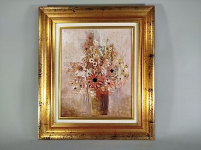 a painting of flowers in a vase hanging on a wall