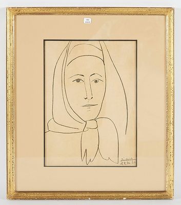 a drawing of a woman with a scarf in a gold frame