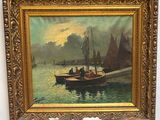 une peinture à l'huile représentant des bateaux dans un port, avec des personnes sur l'eau