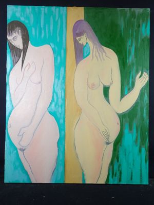 two paintings of a woman standing next to each other on a wall
