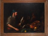 an image of a painting of a man holding a fish in front of a table full of food