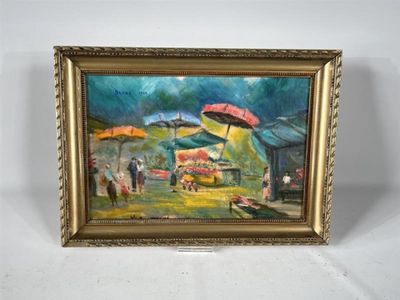 a picture of a painting of people with umbrellas