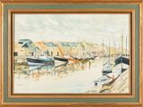 a painting of a harbor scene with boats in the water
