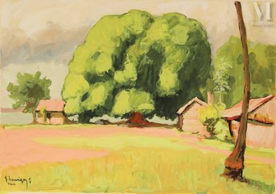 une peinture à l'huile représentant un arbre dans un champ, près d'une maison