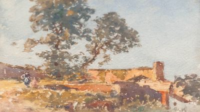 a painting of a farm scene with cows and a tree