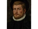 portrait d'un homme barbu vêtu d'un manteau noir et d'un col à volants blancs